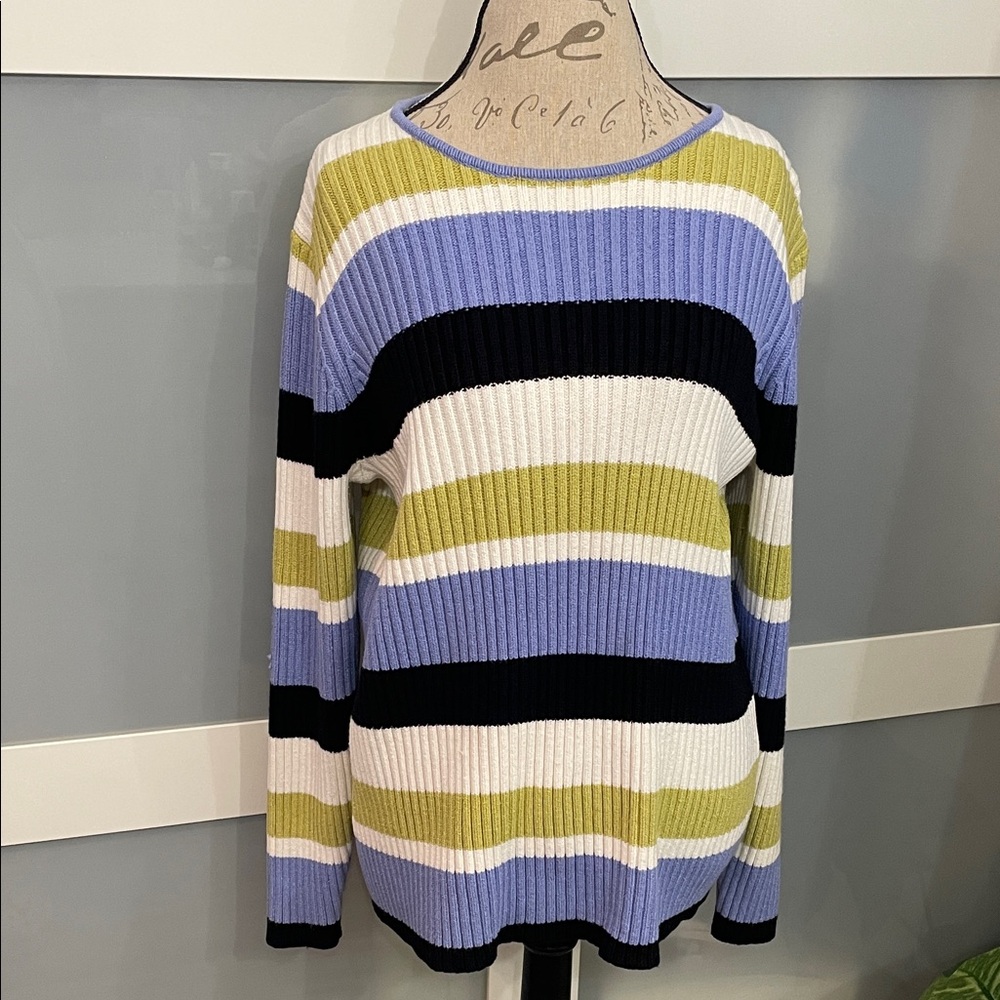Anne Klein Striped Crewneck Sweater in Blue, White, Black & Green